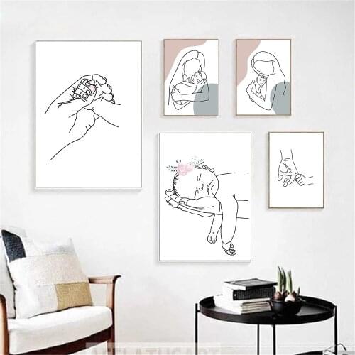 Single Line Drawing Print Mom Baby Abstract Canvas Painting Black And White Hand Poster Nursery Wall Art Pictures Bedroom Decor