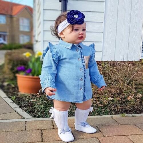 2-7T Toddler Baby Girls Spring Denim Shirt Cute Kids Ruffle Blue Long Sleeve Blouse Autumn Lapel Soft Coat Jacket