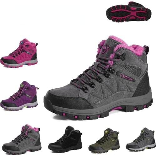 Couple Hiking Shoes Thick-soled and Velvet Warm Cotton Shoes Lace-up Simple Flat-bottomed Outdoor Sports Shoes Zapatillas Mujer