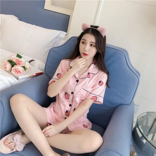 Cartoon print pajamas cotton cardigan sweater strawberry shortsleeve shorts set womens pajamas