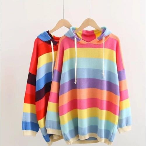Hooded Collar Literary Colorblock Sweater Women College Wind Loose Striped Drawstring Hooded Sweater Pullover Female Spring 2021