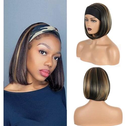 Synthetic Headband Wig 12 Inch Short Bob Wig With Scarf Straight Style Natural Color Head Band Wigs For Women African Americans