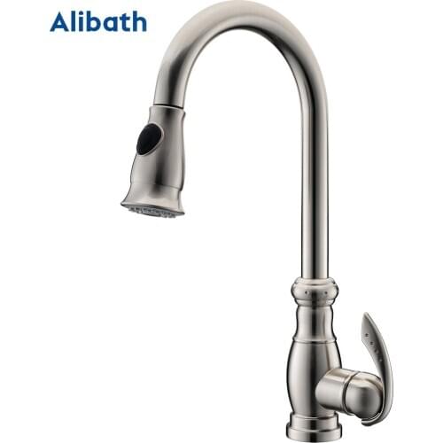 Kitchen Faucets Solid Brass Brushed Nickel Single Handle Pull Out Kitchen Tap Single Hole Handle Swivel 360 Degree Water