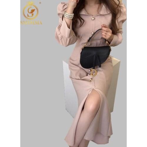 SMTHMA Women 2021 New Fashion Spring Vintage Sashes Mermaid Party Dress Long Sleeve Solid Elegant French Style Dress Vestidos