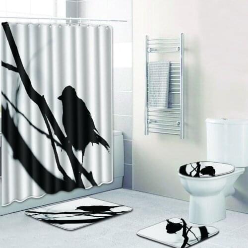 Modern Shower Curtain Bathroom Mat Polyester Bird Lightning Combination Four-piece Suit Bathroom Toilet Carpet Shower Room