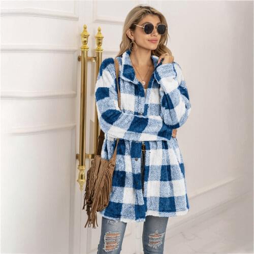 2021 Sherpa Sweater Vintage Plaid Fluffy Cardigan Midi Long Warm Coat Teddy Fleece Sweater Chic Streetwear