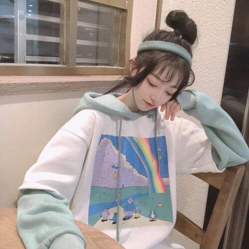 Oversized Hoodies Women Printed Patchwork Hoody Simple Thicker Loose Simple Korean Style Drawstring Womens Streetwear Hoodie