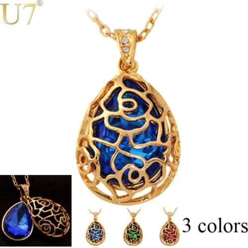 U7 Big Blue Crystal Necklace & Pendants Gift Trendy Gold Color Pendant Necklace For Women/ Men Jewelry P361