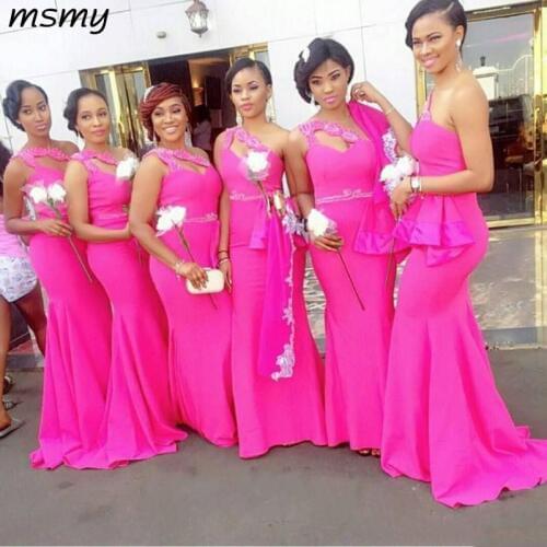 Gorgeous One Shoulder Fushia African Long Bridesmaid Dresses Satin Beaded Ruffles Mermaid Maid Of Honor Gowns For Wedding