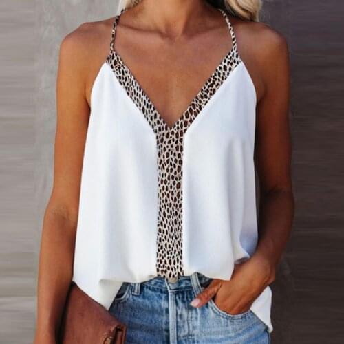 Summer Tops WomenS Sling Blouses Femme Sexy V Neck Leopard Print Femme Backless Spaghetti Strap Sleeveless Casual Tops Halter