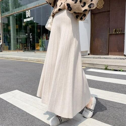 2020 Autumn& Winter New Korean Stretch High Waist Slimming Casual All-match Simple Knitted Women A-line Long Skirt Free Shipping
