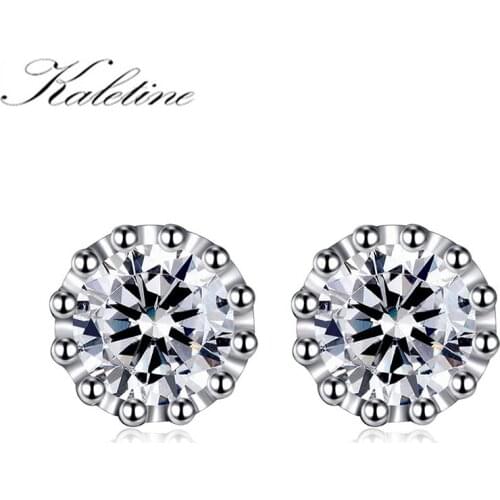 KALETINE Round Cut Stud Earrings for Women Pure 925 Sterling Silver Round Lady Earrings Solitaire Wedding Jewelry Anni