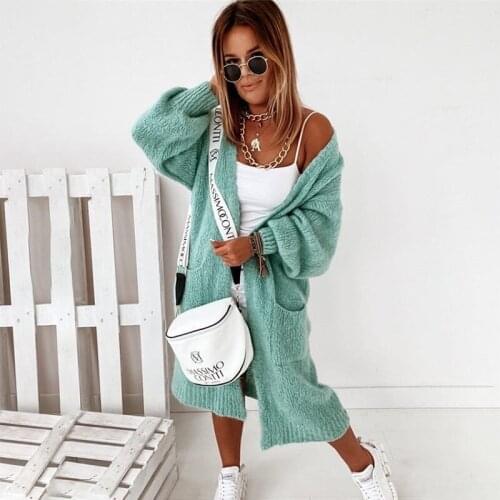 Women Autumn Winter Long Cardigans Coat 2021 Fall V-Neck Loose Long Solid Open Stitch Casual Women Cardigans Sweater