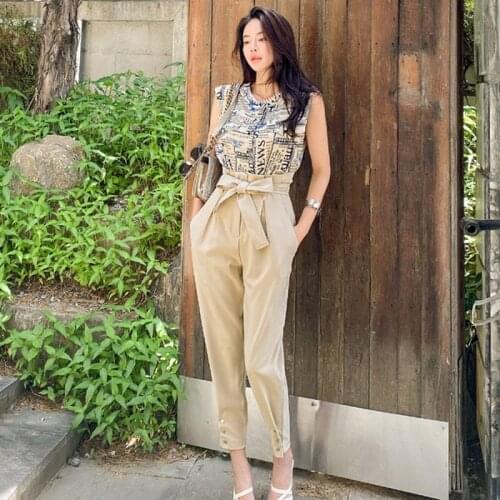 Women 2021 Summer Fashion Two Piece Pants Sets sleeveless O Neck Printed Top Shirt + High Waist Solid Pencil Pants Chic Suits