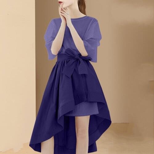 Women Two-Piece Sets 2021 New Fashion Summer Korean Long Style Purple T Shirt Tops + Lace Up Solid Irregular A Line Skirt Suit