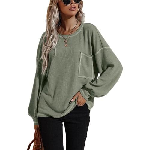 2021 Autumn Women Loose Style Pullover, Solid Color Batwings Sleeve Round Collar Tops with Pocket, Brick Red/ Green/ Khaki