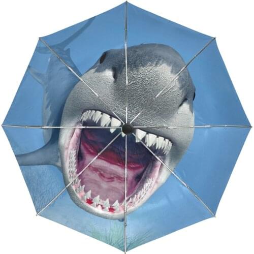 Hot Selling 3D Shark Rain Umbrella Male Ocean Fish Three Folding Women Automatic Umbrella Parasol With Black Coating Parapluie
