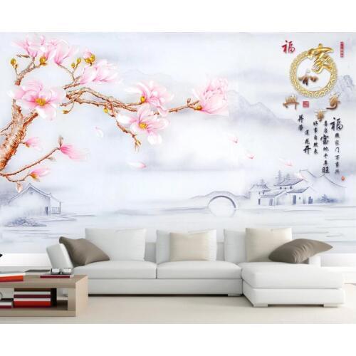 Custom photo 3d wallpaper Chinese style flowers and ink painting bridge house room decor 3d wall murals wallpaper for walls 3 d