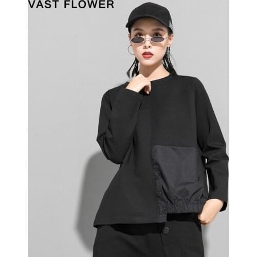 Irregular Patchwork Black Tshirt Women Clothes Long Sleeve Button Fashion Loose Casual Tops T-Shirt Spring Autumn 2021