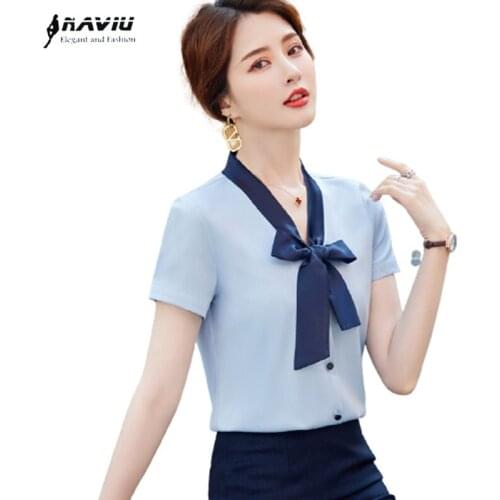 Professional Women Summer New Short Sleeve Shirt Temperament Formal Bow Design Chiffon Blouses Office Ladies Work Tops