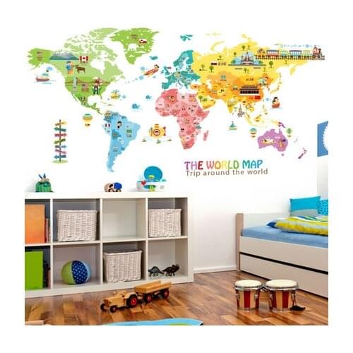 Large Animal World Map Wall Sticker Kids Room Bedroom Wall Decor Aesthetic Map of The World Nursery Baby Vinyl Wallstickers Art