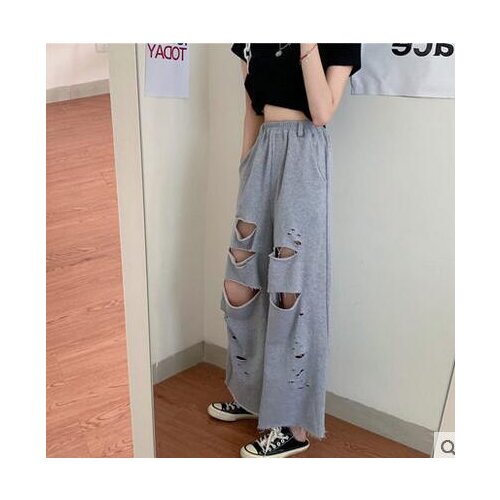 Ripped pants 2021 spring and autumn thin section loose pants Korean style high waist slim straight wide leg trousers fashion