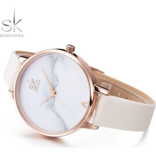 SK Watch Brand Fashion Ladies Watches SHENGKE Marble Dial Leather Female Quartz Watch Women Thin Casual Watch Reloj Mujer 2020