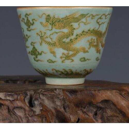 Chenghua Green Color Painted Gold Dragon Design Small Tea Cup Antique Collection Ornament