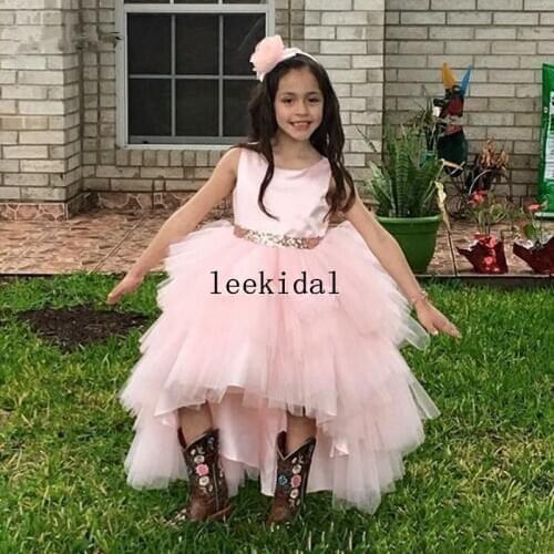 Infant Pink Flower Girls Dresses High Low Puffy High Low Sleeveless Sequins Ball Gown Bow Sash Girls Pageant Dresses Vestidos