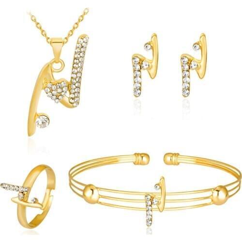 HC Fashion Letter Character Jewelry Crystal Rhinestones Gold Color Necklace Earrings 4Pcs Cute Kids Girls Children Jewelry Set T