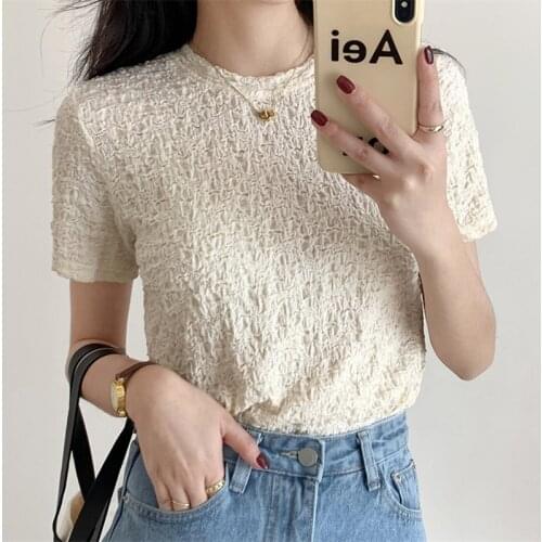 HziriP Pleated New Design Solid All Match Stylish 2021 Femme Chic Hot Slim Loose Streetwear Basic Summer Girls Casual T-shirts