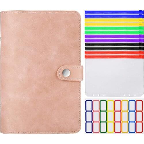 A6 Leather Binder Cover with Plastic Pockets 6 Ring Soft Refillable Notebook Binder 12 Colored Clear Zipper Envelope for Budget