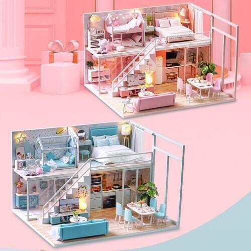 DIY Miniature Doll House Handmade LED Loft Building Model Kids Toy