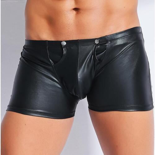 Mens Faux Leather Boxer Shorts Wetlook Clubwear Back Zipper Gay Underwear Boxershorts Low Waist Men Lingerie Leather Underpants