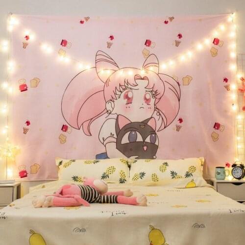 Anime Wall Hanging Tapestry Kawaii Room Girly Room Decor Bedroom Free 6m LED Light Upholstery Wall Carpets Decor Kawaii girl