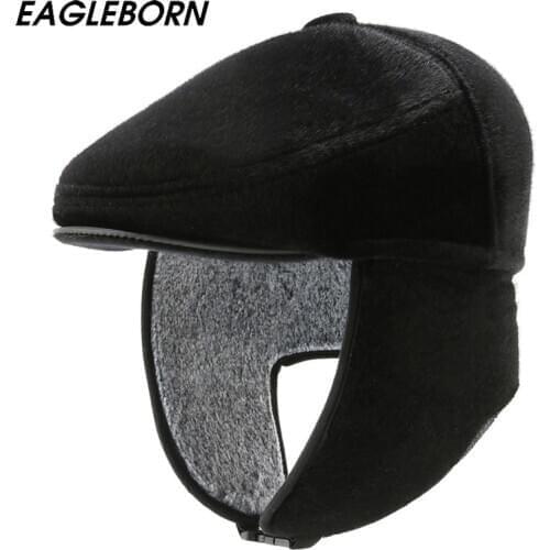 New Beret Peaked Hat Men Winter Thickened Earmuffs Plus Velvet Warm Cotton Cap Fashion Trend Winter Russian Hat Dad Hat Bomber