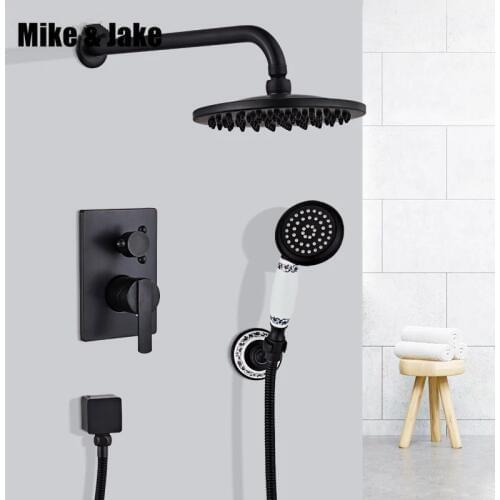 Black wall concealed shower mixer set whole brass wall shower faucet black shower bathroom double function shower tap