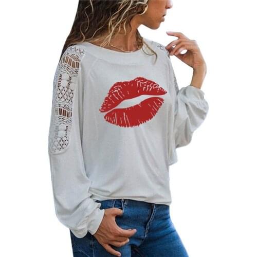 Kiss Marks Fashion Print Female T Shirt Funny Teeshirt Women Clothing Casual Long Sleeve Large Size Loose Lace Tops Tee
