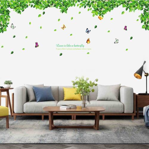 Green leaves butterfly wall sticker Vinyl DIY Wall Decals For Living room Bedroom Sofa background wall Home Decoration wallpaper