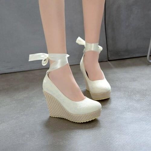 Pumps Spring Autumn new style Round head Wedge heel Single shoes High heels Cross lace Womens shoes high 9.5 cm plus size 34-43