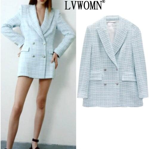 LVWOMN Za Womens Suit Plaid Blazer Dress Set Woman 2 Pieces Double Breasted Female Blazer Elegant Mini Strap Dress Office Suits