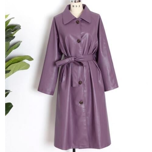 2020 Spring autumn fashion purple pu leather trench coat women single breasted belted long windbreaker