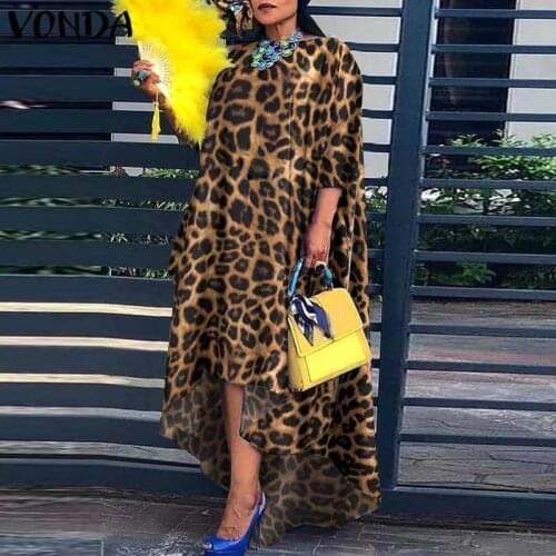 Women Asymmetric Midi Dress Vintage 3/4 Sleeve Elegant Leopard Long Maxi Dress 2021 VONDA Casual Vestidos Robe Femme