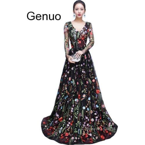 Women Elegant Embroidery Dress Long High Quality Charming A-line Lace Full Sleeves Evening Party Robe De Soiree 2020 New Fashion