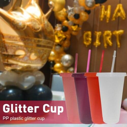 1/5Pcs Flash Powder Shiny Reusable Plastic Tumbler With Lid And Straw Cup Beautiful Pure Color Straw Glitter Cup Kitchen Mugs