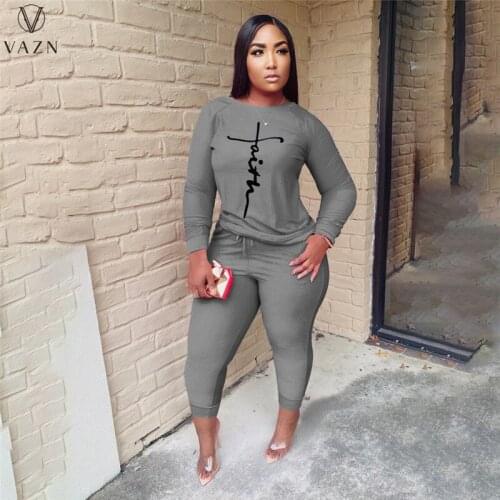 VAZN 2021 Autumn Plus Size Casual Daily Free Simple Tracksuits Young Full Sleeve Long Pants Slim 2PCs Set Women Suits