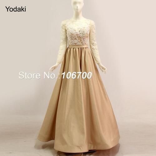 2018 Long Sleeves Lace Appliques Ballgown Prom Dresses Pearls O Neck Sheer Illusion With Sash Long Khaki Party Evening Gowns
