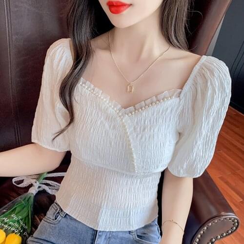 #8216 Summer White Pink Chiffon Blouse Women With Pearls Sexy Tops Square Collar Stretch Waist Blouse Femme Puff Short Sleeves