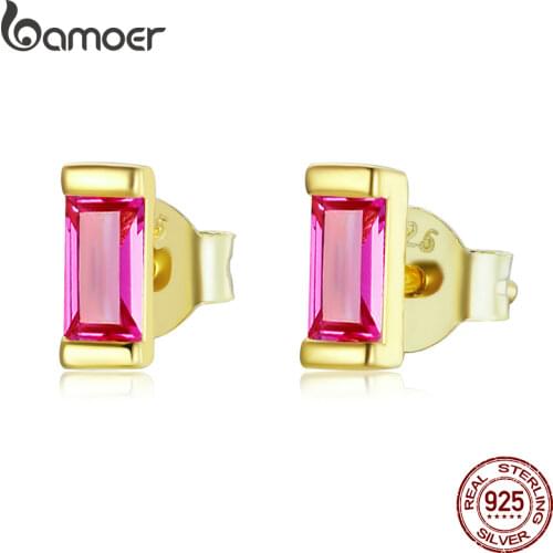 Bamoer 925 Sterling Silver Gold Plated Colorful Rainbow Square Cubic Zirconia Stud Earrings Piercing Luxury Classic Jewelry