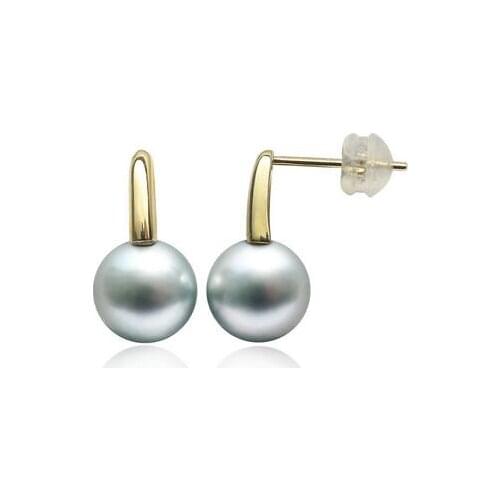 Free Shipping 9-10MM AAA Natural Silver Gray Real Tahitian Pearl Drop Earrings 14K Yellow Gold